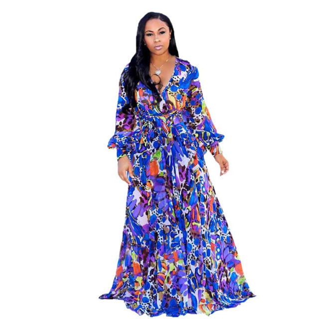 Chiffon Summer Beach Dress Fashion Big Swing Floral Print Maxi Dress PQ2215