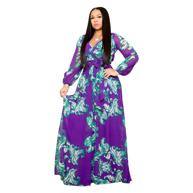 Floral Printed Fashion Maxi Dress Long Summer Chiffon Dress PQ3301