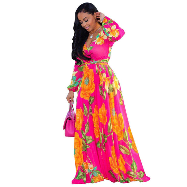 Chiffon Summer Beach Dress Fashion Big Swing Floral Print Maxi Dress PQ2215