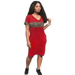 Rose Summer Leopard Prnt Casual Dresses V-neck T-shirt dress PQSD041J