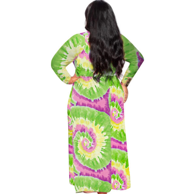 Red Tie-dyed Plus Size Dress Fashion Long Sleeve Maxi Dresses PQ1064A