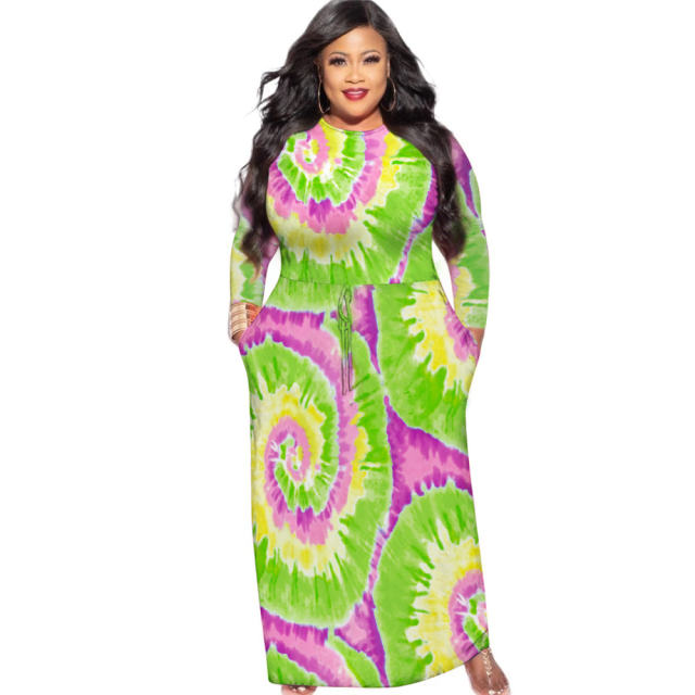 Red Tie-dyed Plus Size Dress Fashion Long Sleeve Maxi Dresses PQ1064A