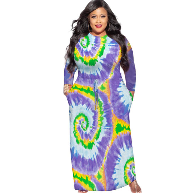 Red Tie-dyed Plus Size Dress Fashion Long Sleeve Maxi Dresses PQ1064A