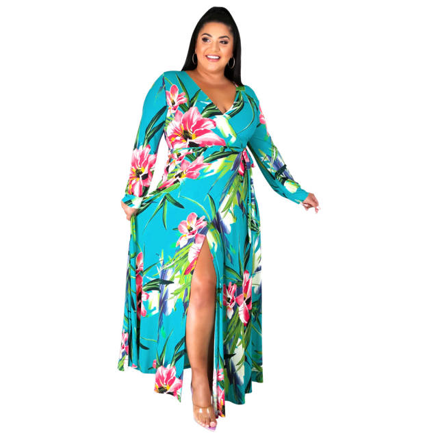 Yellow V-neck Split Casual Dress High Waist Long Maxi Dresses PQ1090A