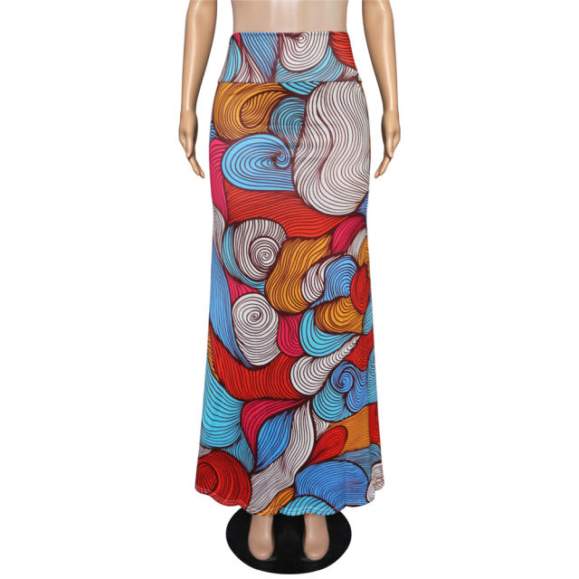 High Waist Geometric Print Maxi Skirt Women Long National Skirt PQ9457