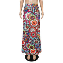 Women Geometric Long Skirt National High Waist Digital Print Skirt PQ9455