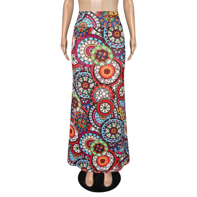Women Geometric Long Skirt National High Waist Digital Print Skirt PQ9455