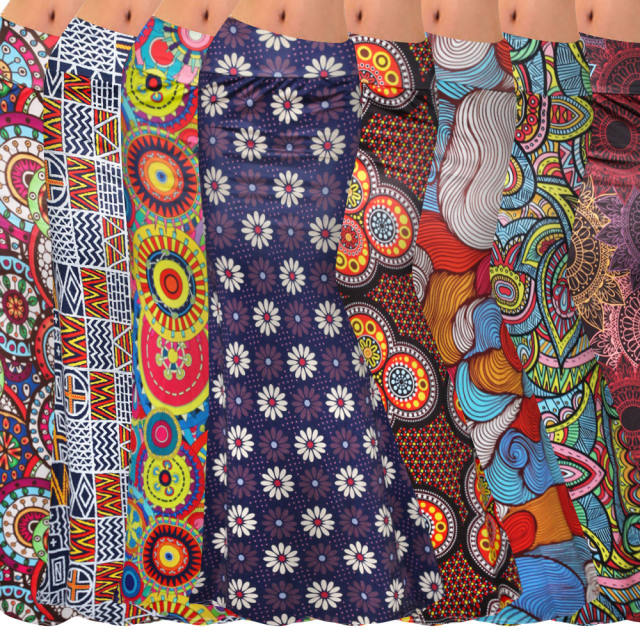 High Waist Geometric Print Maxi Skirt Women Long National Skirt PQ9457