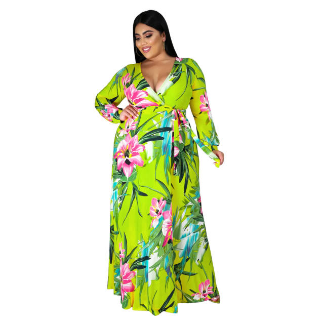 Yellow V-neck Split Casual Dress High Waist Long Maxi Dresses PQ1090A