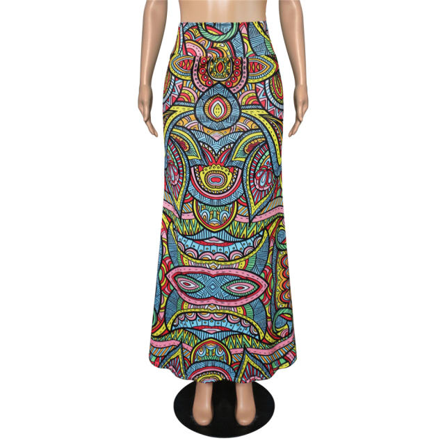 Women Geometric Long Skirt National High Waist Digital Print Skirt PQ9455