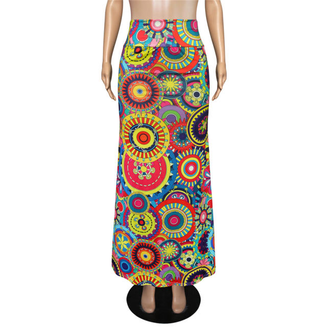 Women Long Skirt National High Waist Geometric Print Maxi Skirt PQ9456