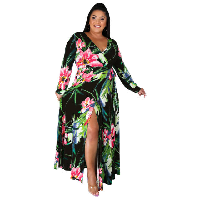 Yellow V-neck Split Casual Dress High Waist Long Maxi Dresses PQ1090A