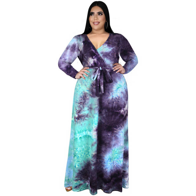 Tie-dyed V-neck Boho Dress High Waist Casual Maxi Dresses PQ3325