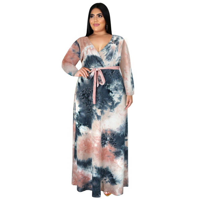 Tie-dyed V-neck Maxi Dresses High Waist Casual Boho Dress PQ3326