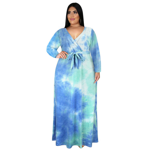 Tie-dyed V-neck Boho Dress High Waist Casual Maxi Dresses PQ3325