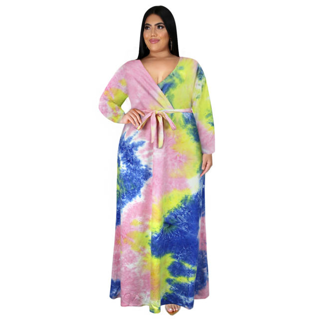 Tie-dyed V-neck Boho Dress High Waist Casual Maxi Dresses PQ3325