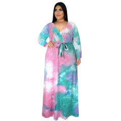 Tie-dyed V-neck Boho Dress High Waist Casual Maxi Dresses PQ3325