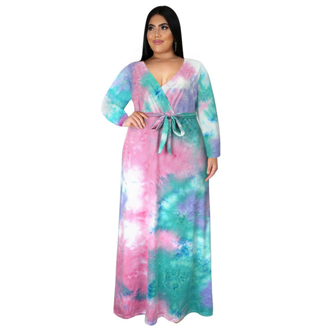 Tie-dyed V-neck Boho Dress High Waist Casual Maxi Dresses PQ3325