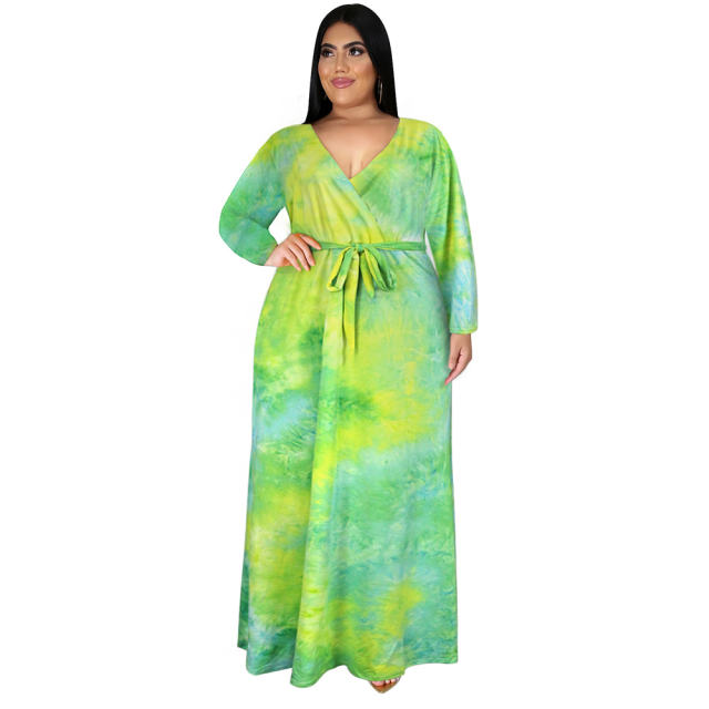 Tie-dyed V-neck Boho Dress High Waist Casual Maxi Dresses PQ3325