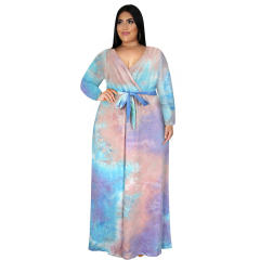 Tie-dyed V-neck Boho Dress High Waist Casual Maxi Dresses PQ3325