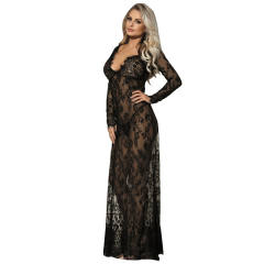 Black Sexy Sheer Nightdress Plus Size Lingerie Female Lace Gown PQ80497A