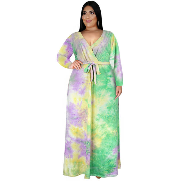 Tie-dyed V-neck Maxi Dresses High Waist Casual Boho Dress PQ3326
