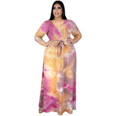 Tie-dyed V-neck Boho Dress High Waist Casual Maxi Dresses PQ3325