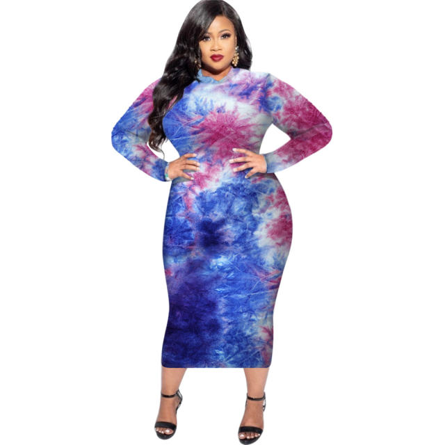 Blue Tie-dye Autumn Midi Dress Long Sleeve Plus Size Casual Dress PQSD040B
