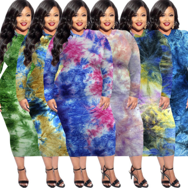 Green Tie-dye Autumn Midi Dress Long Sleeve Plus Size Casual Dress PQSD040A
