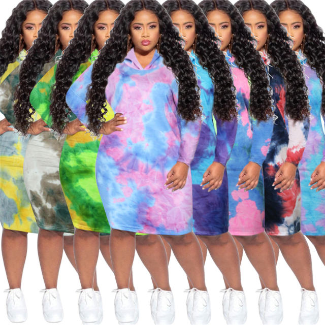 Sport Long Sleeve Plus Size Casual Dress Tie-dye Hoodies Dress PQSD039C
