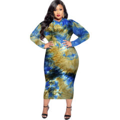 Green Tie-dye Autumn Midi Dress Long Sleeve Plus Size Casual Dress PQSD040A