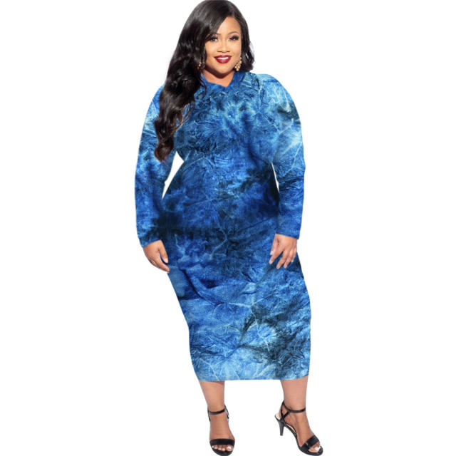 Green Tie-dye Autumn Midi Dress Long Sleeve Plus Size Casual Dress PQSD040A