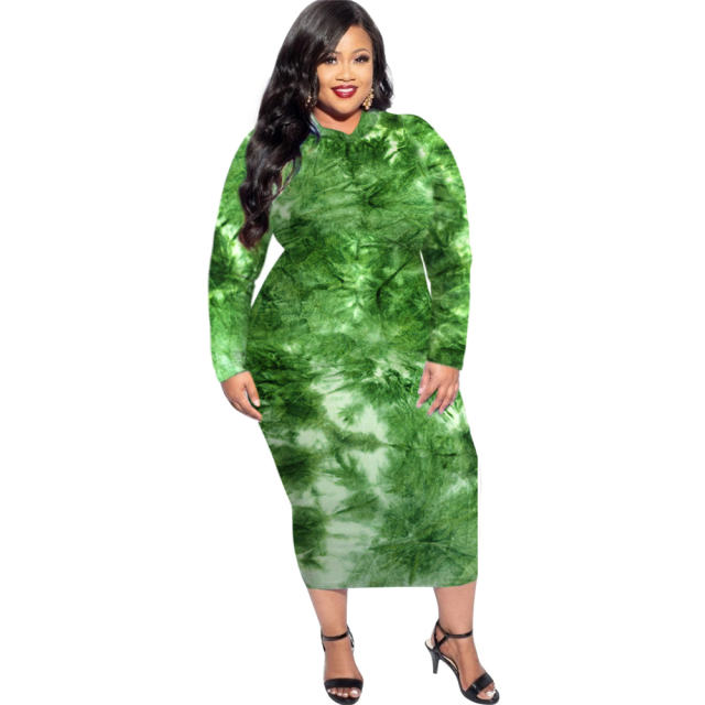 Purple Tie-dye Autumn Midi Dress Long Sleeve Plus Size Casual Dress PQSD040C