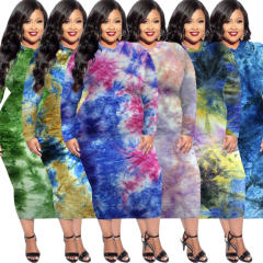 Blue Tie-dye Autumn Midi Dress Long Sleeve Plus Size Casual Dress PQSD040B