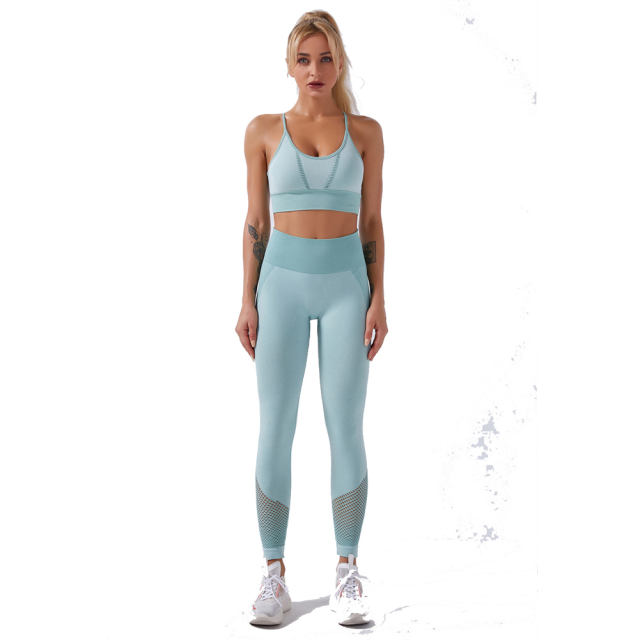 Grey Fitness Bras Yoga Outfits Women Mesh Running Leggings Bubble Butt Squat Pants PQYJ006B