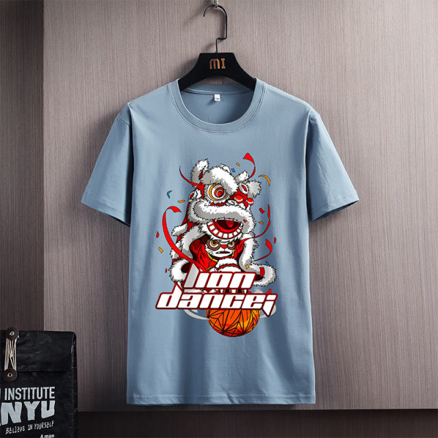 Men's Summer Streetwear Plus Size Fashion Tee Lion Dance Cartoon Printing T-shirt NYH1001A