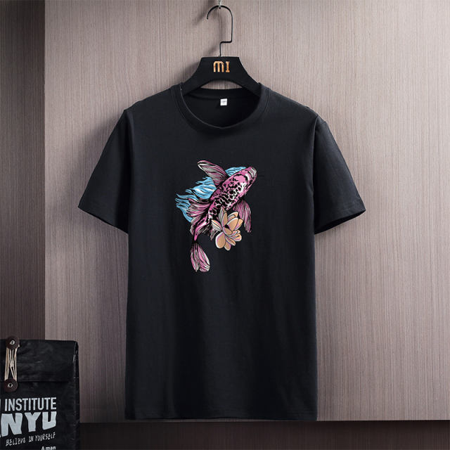 Chinese Style Koi Fish Cartoon T-shirt Trend Casual Cotton T Shirts NYH1007A