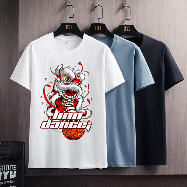 Plus Size Fashion Tee Lion Dance Cartoon Printing T-shirt Men's Summer Streetwear NYH1001B