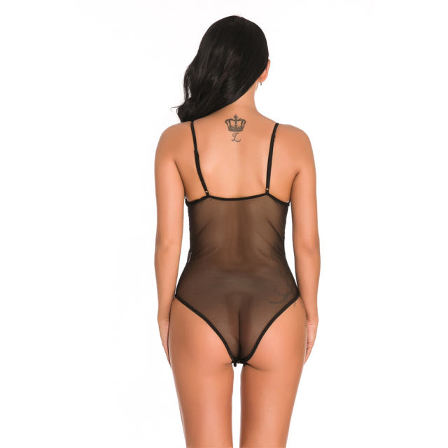 Black Sexy Sheer Teddies Lingerie For Women Eyelash Lace Bodysuit PQ3820A
