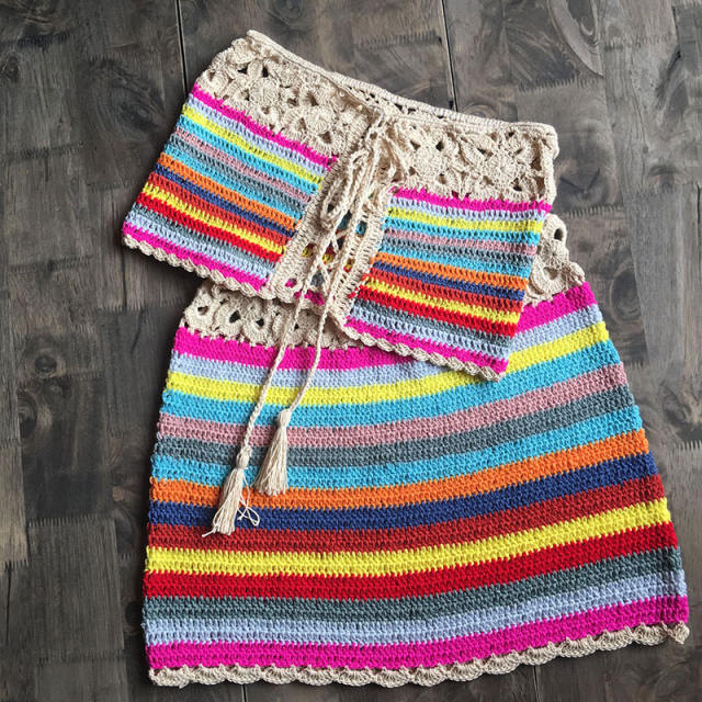 Green Bandeau Bikini Tassel Beachwear Women Crochet Skirts PQ5925B