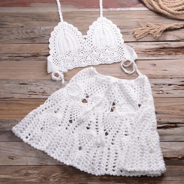 Summer Halter Bikini Bras Sexy Beach Skirts Women Crochet Swimwear PQ6905