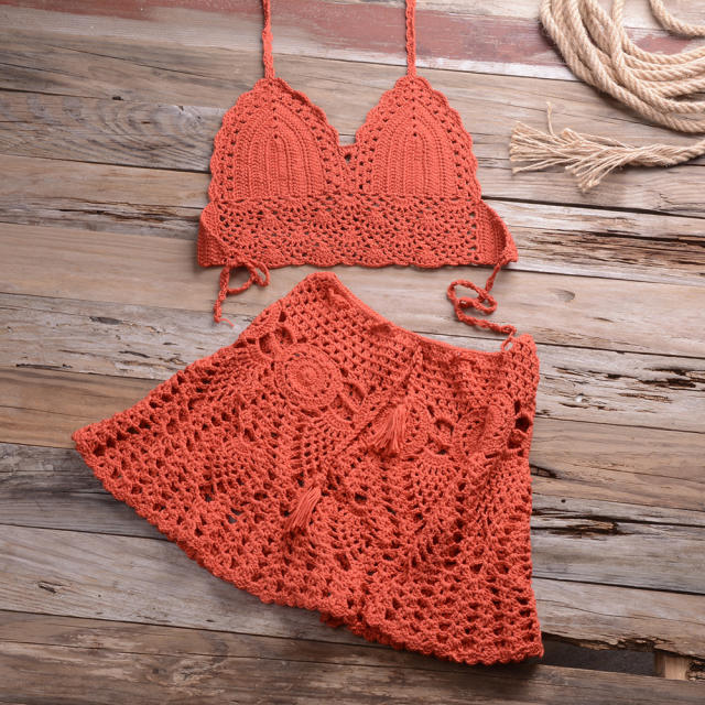 Summer Halter Bikini Bras Sexy Beach Skirts Women Crochet Swimwear PQ6905