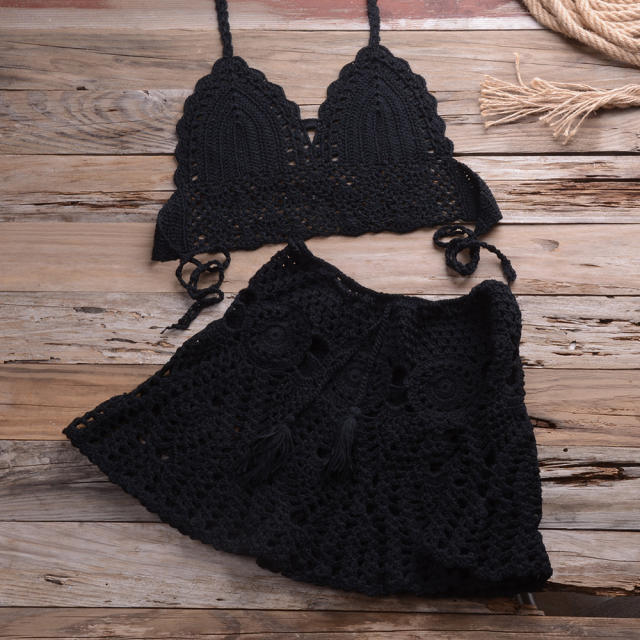 Summer Halter Bikini Bras Sexy Beach Skirts Women Crochet Swimwear PQ6905