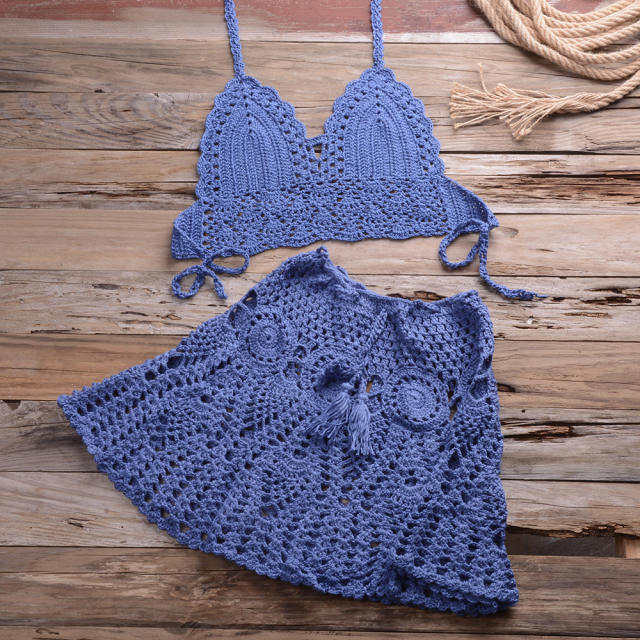 Summer Halter Bikini Bras Sexy Beach Skirts Women Crochet Swimwear PQ6905