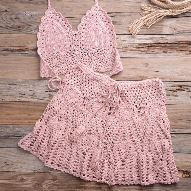 Summer Halter Bikini Bras Sexy Beach Skirts Women Crochet Swimwear PQ6905