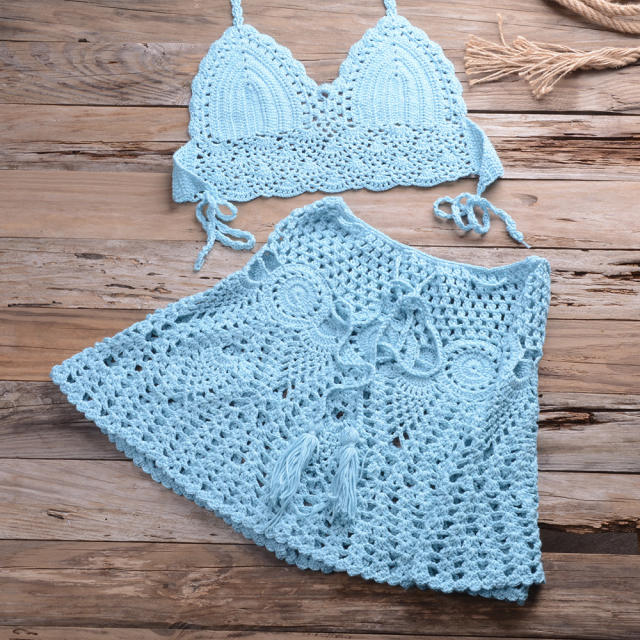Summer Halter Bikini Bras Sexy Beach Skirts Women Crochet Swimwear PQ6905