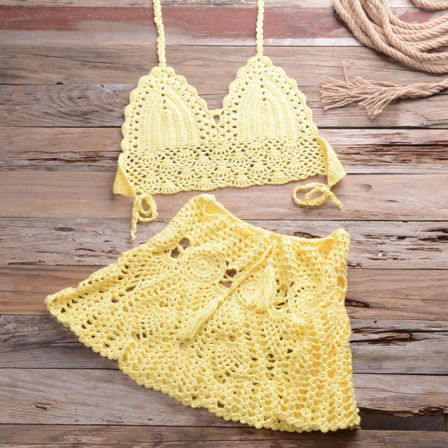 Summer Halter Bikini Bras Sexy Beach Skirts Women Crochet Swimwear PQ6905
