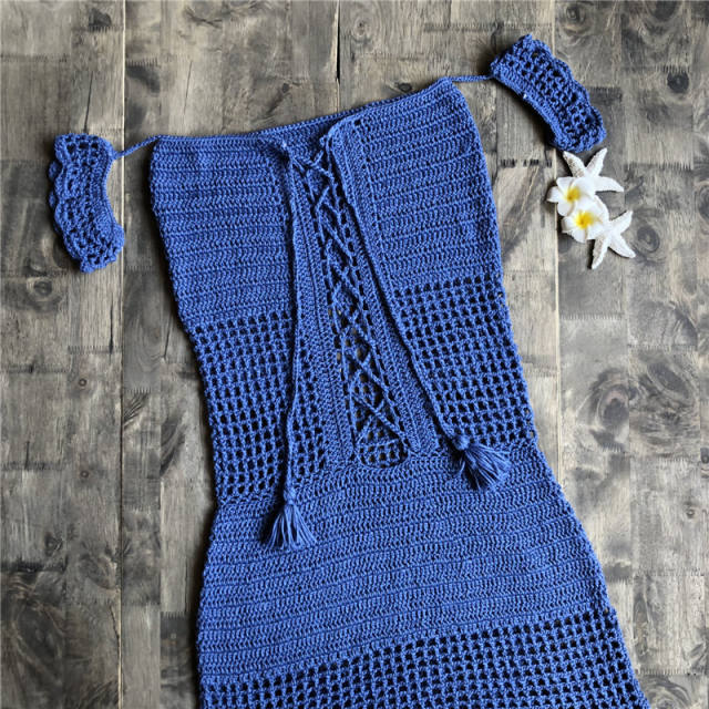 Blue Knit Min Dresses Crochet Beach Dresses For Women PQ3913B