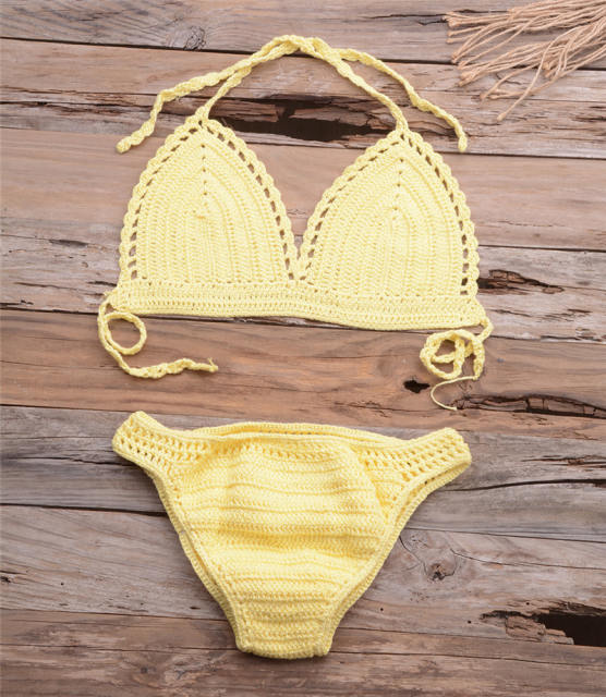 Khaki Crochet Bikini Bra with Panties Knit Swimwear Women Beachwear PQ6904A