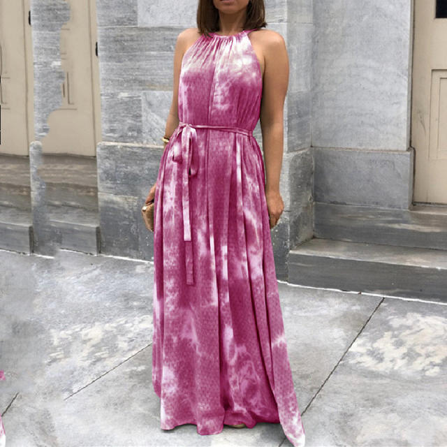 Blue Halter Maxi Dresses For Women Tie Dyed Boho Dress PQLQ086B